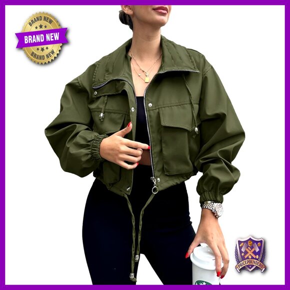 Oversized Cropped Utility Anorak Jacket Lightweight Zip Up with Pockets